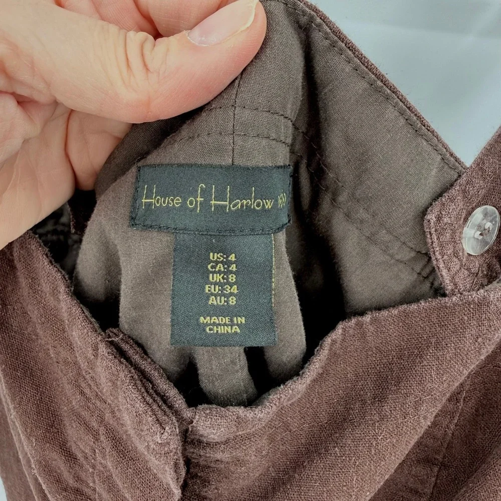 House‎ of Harlow 1960 Brown Linen Blend Utility Short Romper Button Front Sz 4